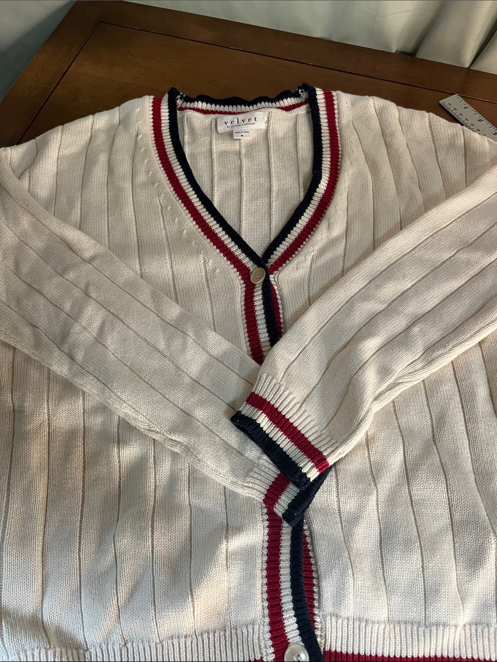 Velvet Cream Cotton Cashmere Blend  V-Neck Cardigan with Red & Navy Stripe
